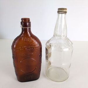 2 Vintage Glass Liquor Bottles Sly Fox Wine & Amber Armstrong 1788 Whiskey c1959